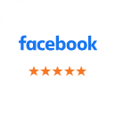Facebook logo with five orange stars below it, indicating customer reviews or ratings.